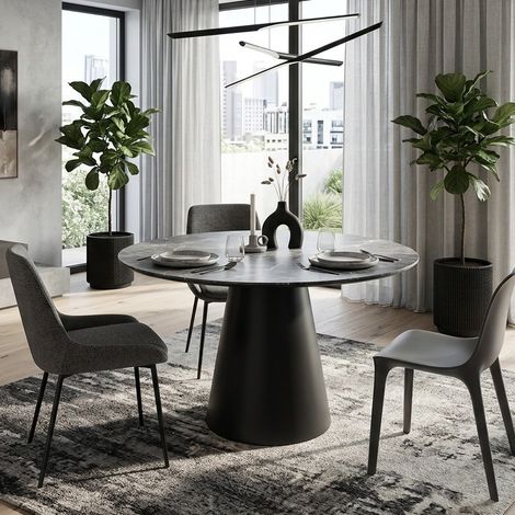 Table ronde de 100 cm gris effet marbre avec pied noir mat Sorin (1/3)