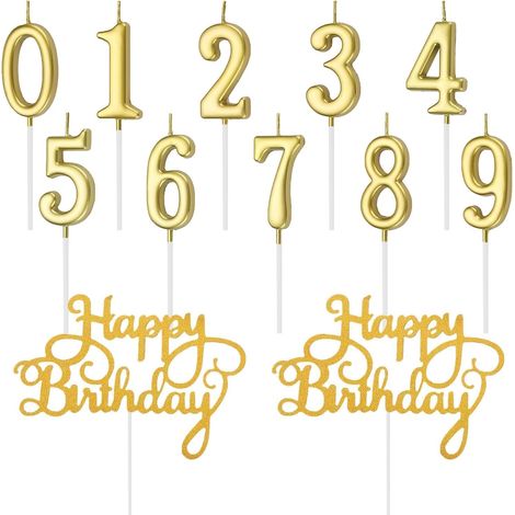 12-piece birthday candle set, number candles, cake toppers for ages 0-9, 2 cake decorations with "Happy Birthday" letters, Birthday Cake (Gold) (1/5)