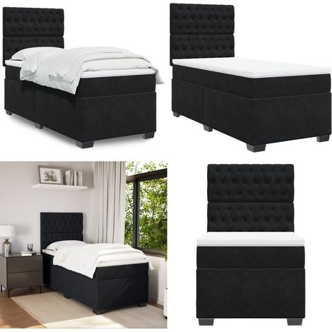 Sommier à lattes de lit et matelas Noir 80x200 cm Velours - Lit Double - Lit Plateforme - Matelas À Ressorts Ensachés - Literie - Chambre À Coucher - Home & Living
