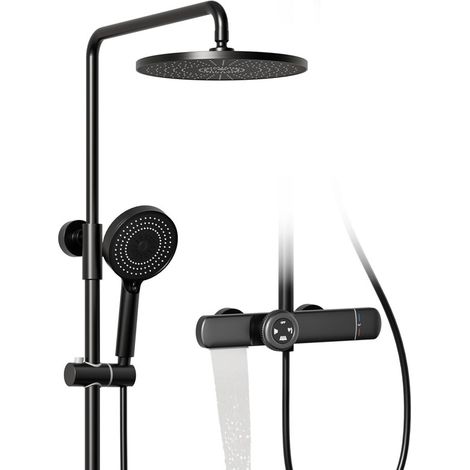 Columna Ducha Termostática, Columna de Ducha con Grifo, Juego de Ducha con Cabezal de Ducha de Lluvia, Sistema de Ducha con Caño de Bañera y Alcachofa de Ducha, Conjunto de Ducha (Negro) (1/4)