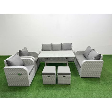 Fimous PE Rattan Garden Furniture Set Reclining Chair Sofa Double Love Seat 2 Seater Sofa Lounge Set Rectangular Dining Table 2 Stools Light Grey (1/4)