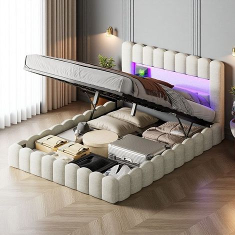 Cama Doble 140x200 - Cofre Multifunción - Sistema Hidráulico Silencioso - LED RGB - Diseño Moderno Blanco