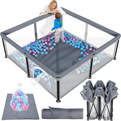 Parc pour bébé avec tapis, parc pour bébé avec filet respirant et fermeture éclair, pour appartements, tout-petits, avec 4 ventouses, intérieur et extérieur (120 x 120 cm)