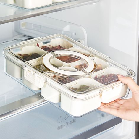 Boîte de rangement en plastique à compartiments multiples pour réfrigérateur, idéale pour les raviolis, les légumes, les fruits et les épices. Grand format (8 compartiments). (1/5)