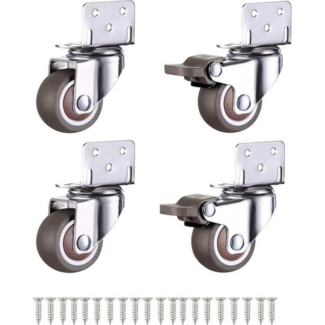 Lot de 4 roulettes pivotantes silencieuses (2 avec frein + 2 sans frein) de 3,2 cm (1,25 po) de diamètre, avec vis, équerre de fixation, caoutchouc argenté et marron, fixation latérale, pour pieds de (1/5)