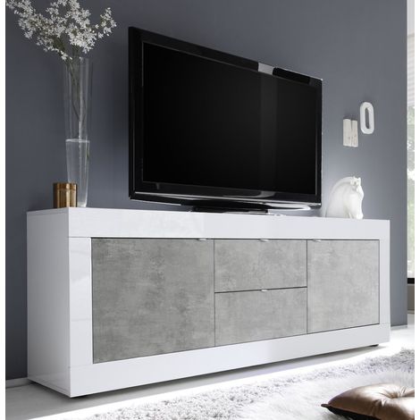 Credenza moderna bassa da soggiorno Bianco laccato lucido, 2 ante e 2 cassetti color Cemento - Basic (1/3)