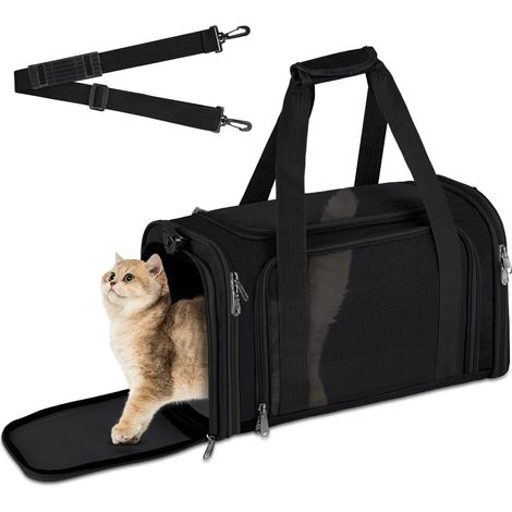 Sac de Transport pour Chien Chat, Sac Transport Chat, Respirant et Pliable, Réglable Sac à Bandoulière Mains Petit Chien avec Matelas en Peluche L45 x B30 x H30 cm pour Chaton Chiot Gris