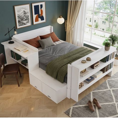 Funktionsbett 219.5x159x83 cm, seitlicher Schreibtisch, Klappfach, offenes Fußregal, Holz, Weiß (1/5)