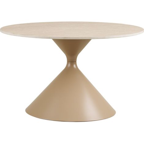 Table basse Ø70cm plateau en céramique aspect travertin pied en métal beige - RIVAGE (1/5)