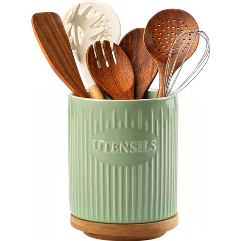 Porte-ustensiles rotatif à 360°, grand organiseur de cuisine en céramique de 19,5 cm avec base en bambou, stable, décoration de cuisine de style fermière, vert (1/5)