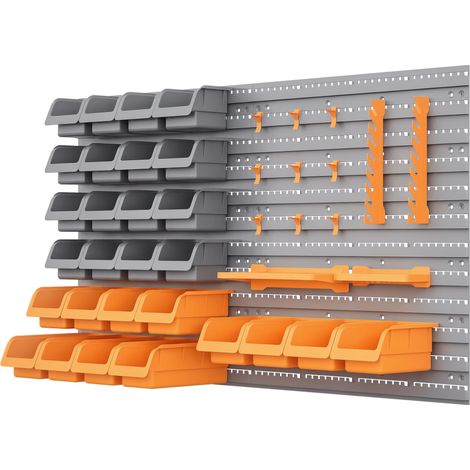 Porte-outils mural 95 x 54 cm avec 28 boîtes empilables et divers crochets, gris et orange (1/5)