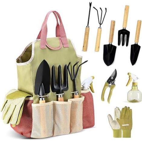 Gartenwerkzeug Set, 9 Stück Gartengeräte mit Gartengeräte Organizer Handtasche, Gartenschaufel mit Holzgriff, Blumenschere, Gartenkralle, Geschenke für Gartenliebhaber, Garten Geschenke für Frauen