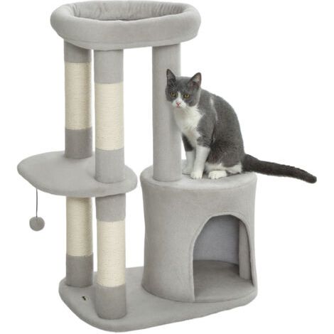 Arbre à chat tour de jeux pour chats griffoirs, plate-forme, niche, balle, tissu peluche, 60 x 45 x 90 cm, gris clair