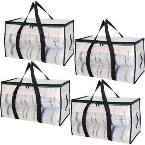 Lot de 4 Grand Sac Rangement Vetement 90L, Imperméable Sac Demenagement Pliable avec Couvercle Fermetures Éclair, Alternatives Aux Cartons de Déménagement, pour Camping Linge de Lit Vêtements (1/3)