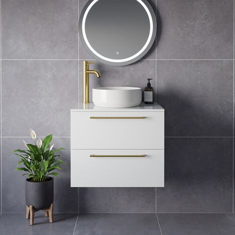 Napoli 460 Gloss White 600mm Wall Mounted 2 Drawer Vanity Unit for Countertop Basins - 600mm - Brushed Brass 320mm Handle