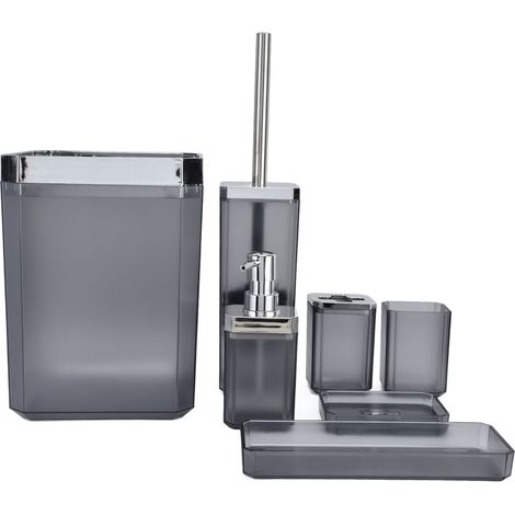 Ensemble de 7 accessoires de salle de bain en plastique gris : porte-brosse à dents et porte-savon pour la maison et l'hôtel. (1/5)