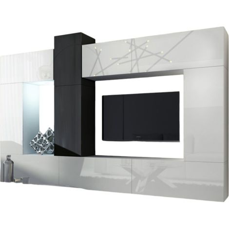 Conjunto de muebles de sala blancos y negros colgantes colección CEPTO XXII. 273cm, 10 muebles, leds, modulares.