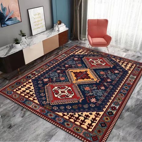 Tapis ethnique antique rouge et jaune, tapis d'appartement floral géométrique, tapis de porche doux et facile à nettoyer, adapté à la chambre à coucher grande cuisine - 80160cm (1/4)