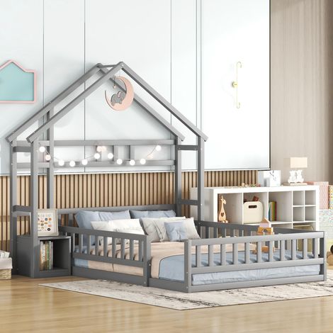 Lit cabane 140x200 cm gris – avec barrière et rangements, sans matelas (1/5)