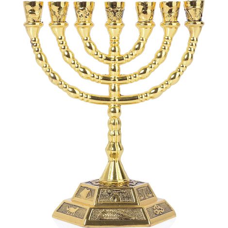 Menorah 7 Branche, Chandelier juif, 12 tribus d'Israël, Hauteur 20 cm, Or