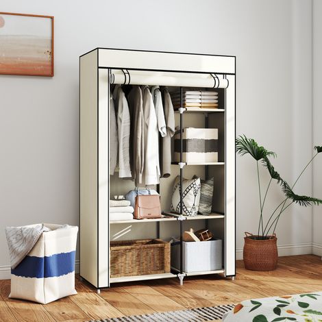Armadio pieghevole in tessuto HOMCOM, guardaroba portatile con 6 ripiani e 1 asta appendiabiti per camera da letto, 103x43x162,5 cm, crema