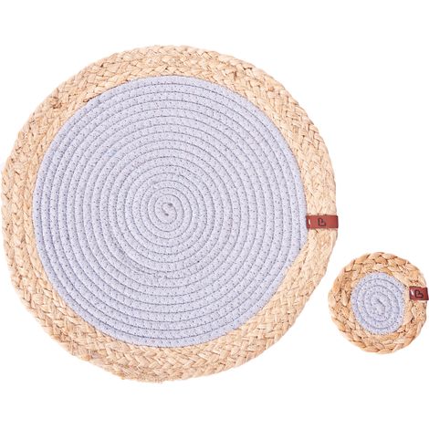 Conjunto de 12 Manteles Individuales y Posavasos 35/10 cm de yute y algodón natural hecho a mano redondos Comedor Estilo Boho Gris y Natural Rosella