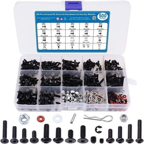 Kit universale da 500 pezzi, viti a testa cilindrica, dadi, fibbie M3 e M4 per veicoli telecomandati, veicoli cingolati e camion in scala 1/8, 1/10, 1/12 e 1/16 (1/4)