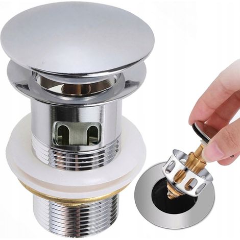 Tapón automático para lavabo con colador y rebosadero, clic-clac completo, color plata. (1/5)