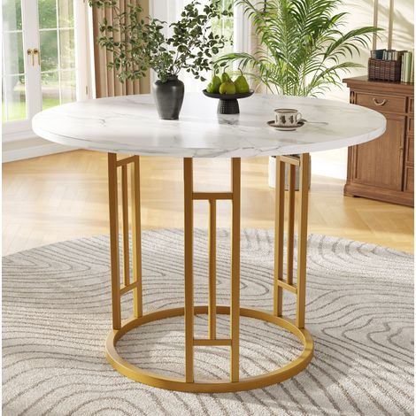 Tavolo rotondo da pranzo in MDF effetto marmo e metallo oro 80x80x76 cm per 4 persone (1/5)