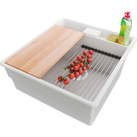 PRIMAGRAN Evier Cuisine en Granit 48x53cm,Lavabo 1 bac + Kit de Vidage + Accessoires, Évier à Encastrer au meuble 50cm - New York, Blanc (1/5)