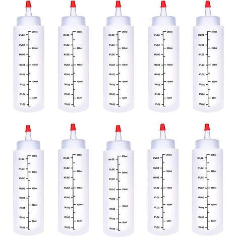 Sollbry Dispensador de salsa y condimentos (10 unidades, 250 ml), botellas de kétchup, reutilizables, de plástico, con escala y tapa de rosca (blanco, 5 x 19 cm) (1/5)