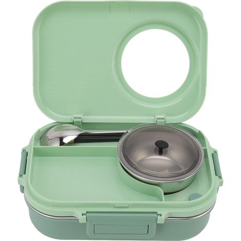 Boîte à lunch isotherme 1100 ml à double compartiment et 3 compartiments, en acier inoxydable 304, avec baguettes, cuillère et bol à soupe, verte. (1/5)