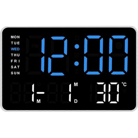 Horloge LED de 10,5 pouces avec un grand écran, plusieurs options de couleur, fonction date, température et alarme convient aux étudiants et aux professionnels lumière bleue et blanche. (1/5)