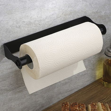 Support-Papier Essuie-Tout - Support Sous Placard En Acier Inoxydable - Fixation Murale Ou Adhésive - Charge Maximale 10 kg - Dimensions 32,5 x 9,8 cm - Noir (1/5)