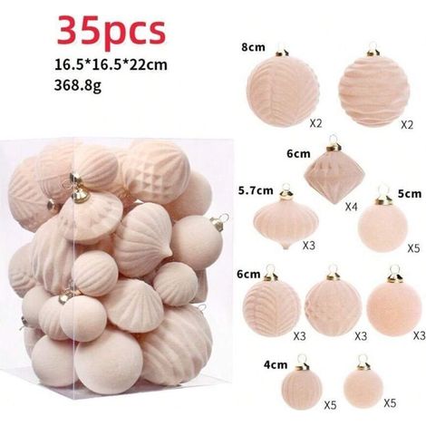 Coffret cadeau de 35 boules de Noël exquises en velours floqué blanc crème, décoration d'arbre pour les fêtes (1/4)