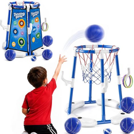 Jeux Piscine, 3 En 1 Panier Basket Piscine 4 balles de basket, 12 balles de lancement, 12 anneaux pour fête hawaïenne, piscine pour adulte et enfant (1/5)
