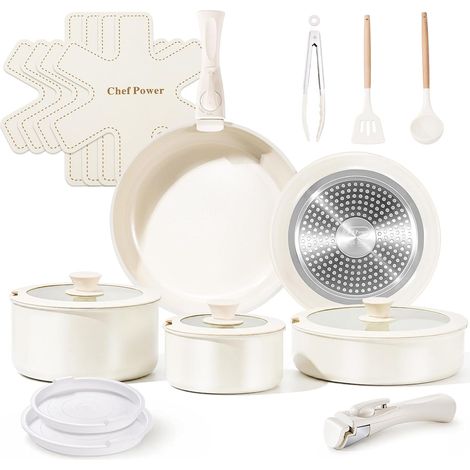 19-Piece Saucepan Set, Induction, Glass Lids, Removable Handles, Ceramic-Titanium Non-Stick Dishwasher and Oven, PTFE Free, White