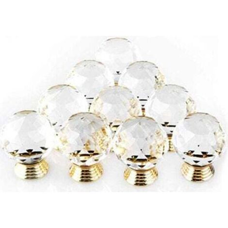 Promotional Set of 10 Crystal Gold Shaped Door Knobs, 30mm Diameter, Round Glass Cabinet Knobs, Decorative Knobs for Furniture and Drawers