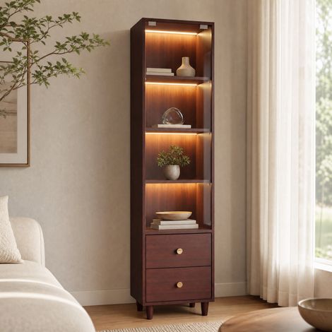 Vetrina in MDF marrone con porta in vetro, LED integrata, 4 ripiani e 2 cassetti, 40 x 35 x 165 cm