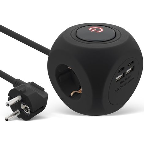 InLine Ciabatta 7 in 1 with 2 USB-C and 2 USB-A, Presa Multipla 3 Contatti, Cubo di Ricarica, con Interruttore, Cavo da 2 m, 3680 W, Nero, 16499B (1/4)