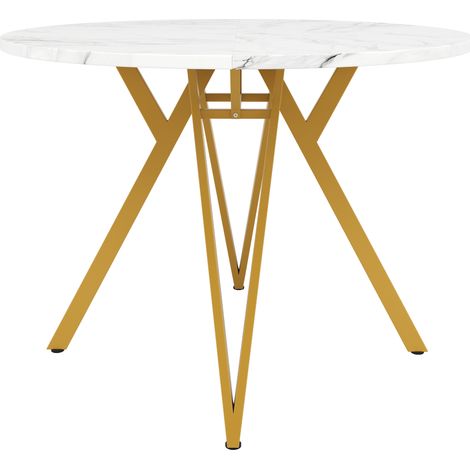 Table ronde pour salle à manger 100x100x76 cm avec plateau MDF effet marbre et pieds en métal doré (1/5)