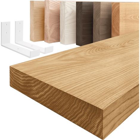 LAMO Manufaktur étagère murale en bois massif, bord régulier, étagère de rangement Industrial, bois rustique / équerre blanche 80cm, LWG-01-A-003-80JW