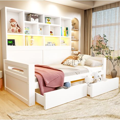 Lit simple multifonction 90 x 200 cm blanc avec rangement, LED et prises (1/5)