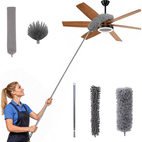 Plumeau Tête de Loup Télescopique 2.4m Microfibre Nettoyage Hauteur Manche télescopique 0,6 à 2.8 m, microfibre lavable, brosse d'angle incluse, idéal pour plafonds, stores et toiles d'araignée (1/5)
