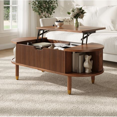 Table basse relevable ovale 110x48x57 cm MDF finition noyer rangement coulissant - CHICFURN (1/5)