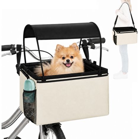 Hundekorb Fahrrad Vorne 2-in-1 Tragbarer Hundefahrradkorb mit Verdeck Sicherheitsleine Schultergurt Seitentaschen 5kg HOMAIRE 43x30x25 cm - Cremeweiß (1/5)