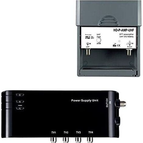 KIT PRÉAMPLIFICATEUR 4/1 TV AMPLIFICATEUR + ALIMENTATION 4 SORTIES TV POUR ANTENNE TERRESTRE TNT (1/3)