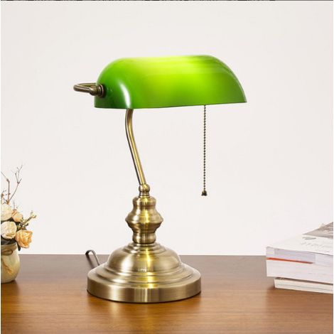 ZOLGINAH Lámpara Banquero Verde - Lámpara de Mesita de Noche Retro Vintage - Notario, Abogado, Biblioteca - Base E27 - Vidrio Opalino - Interruptor de Cadena - 38 CM - Base Bronce (1/5)