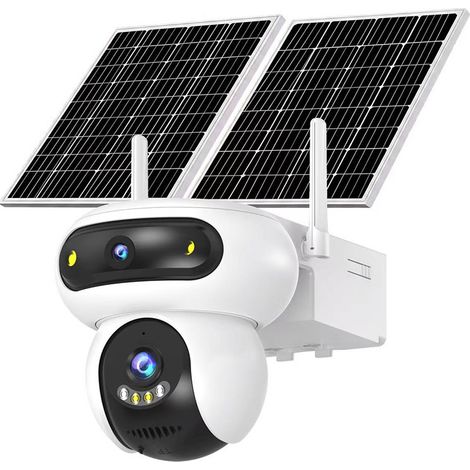 Caméra de surveillance solaire 4G double objectif PTZ extérieure, caméra IP 3MP 1080P, rotation 355°×90°, étanche IP66, vision nocturne Black Light, détection humain/véhicule, interphone audio bidirec (1/4)