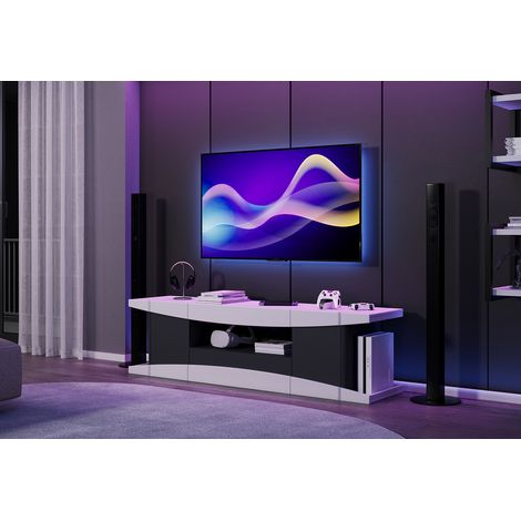 Meuble TV moderne 180 cm laqué mat blanc/noir Lorie